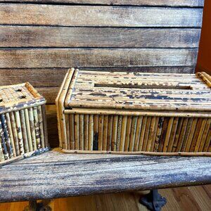 vtg burnt bamboo toothbrush tissue box holder cover Hong Kong bath vanity tiki